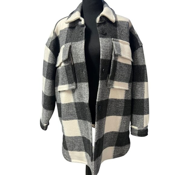 Abercrombie & fitch Oversized Jacket Women M Black White Buffalo Plaid Shacket - Picture 2 of 9